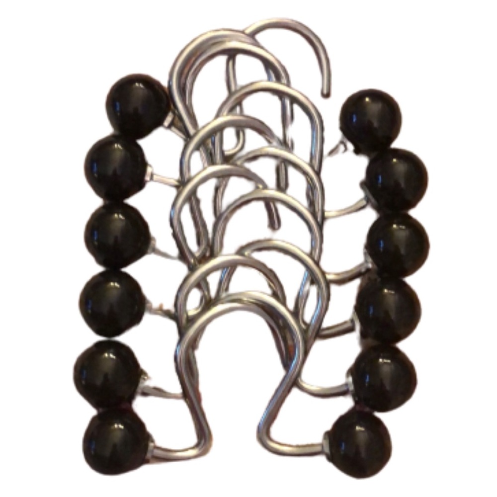SHOWER CURTAIN HOOKS • BLACK BALLS ON SILVER HOOKS • SET OF 12